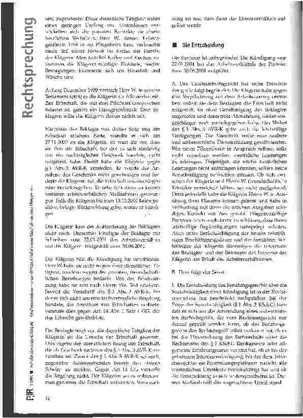 Vorschauseite 2: Verhaltensbedingte Kündigung - Geschenkananhme - ungenehmigte Annahme einer Erbschaft von einer Pflegeperson BAG, Urt. v. 17. 06. 2003