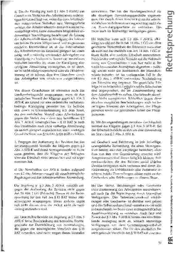 Vorschauseite 3: Verhaltensbedingte Kündigung - Geschenkananhme - ungenehmigte Annahme einer Erbschaft von einer Pflegeperson BAG, Urt. v. 17. 06. 2003