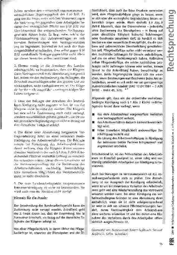 Vorschauseite 5: Verhaltensbedingte Kündigung - Geschenkananhme - ungenehmigte Annahme einer Erbschaft von einer Pflegeperson BAG, Urt. v. 17. 06. 2003