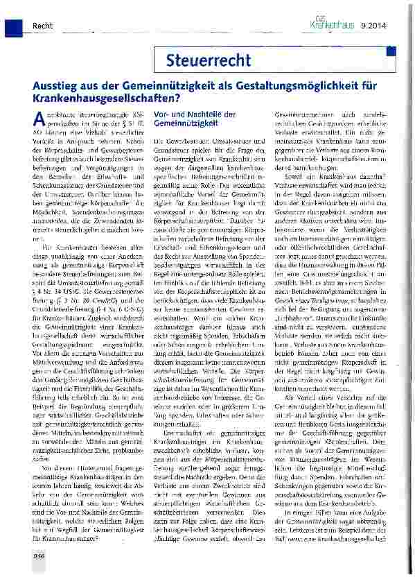 Vorschauseite 1: Ausstieg aus der Gemeinnützigkeit als Gestaltungsmöglichkeit für Krankenhausgesellschaften?