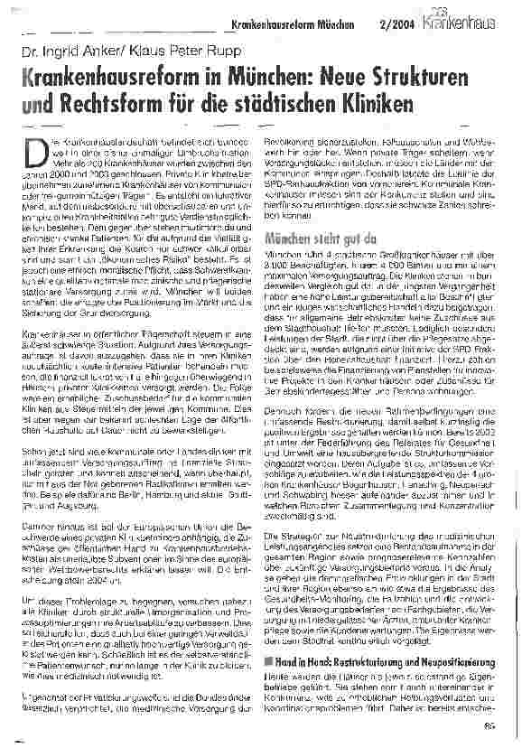 Vorschauseite 1: Krankenhausreform in München: Neue Strukturen und Rechtsform für die städtischen Kliniken