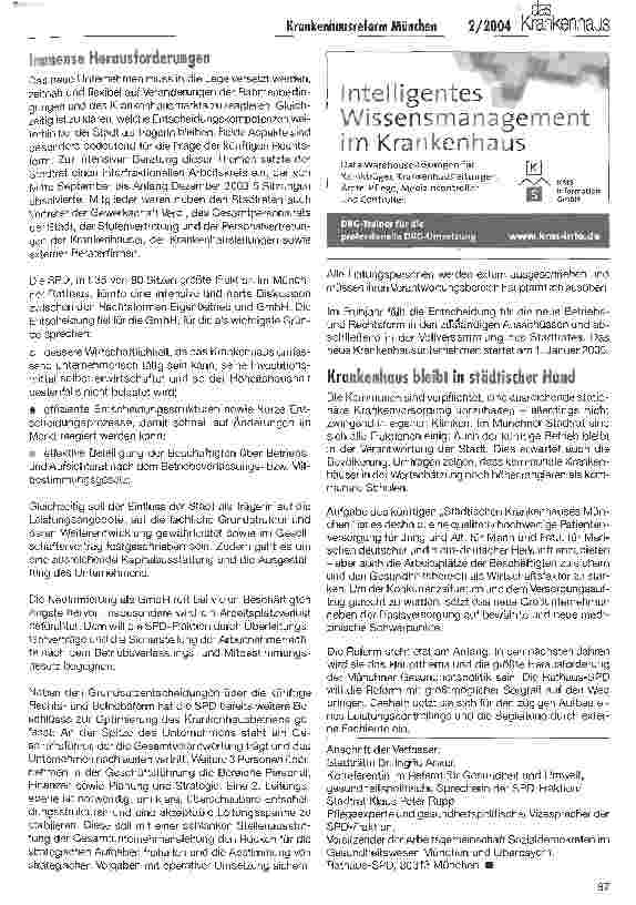Vorschauseite 3: Krankenhausreform in München: Neue Strukturen und Rechtsform für die städtischen Kliniken