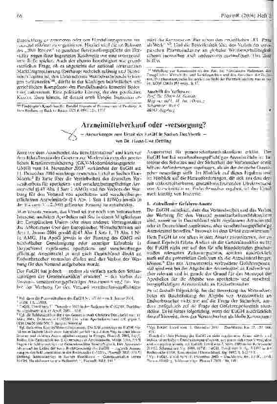 Vorschauseite 1: Arzneimittelverkauf oder -versorgung? Anmerkungen zum Urteil des EuGH in Sachen DocMorris