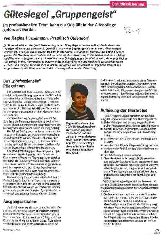 Vorschauseite 1: Gütesiegel Gruppengeist Im professionellen Team kann die Qualität in der Altenpflege gefördert werden