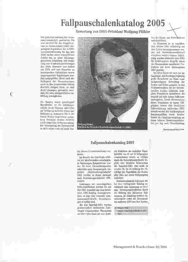 Vorschauseite 1: Fallpauschalenkatalog 2005Bewertung von DKG-Präsident Wolfgang Pföhler