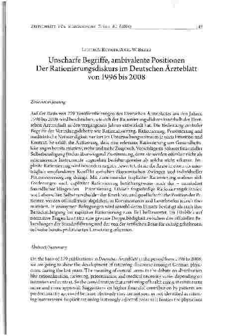 Vorschauseite 1: Unscharfe Begriffe, ambivalente Positionen Der Rationierungsdiskurs im Deutschen Ärzteblattvon 1996 bis 2008