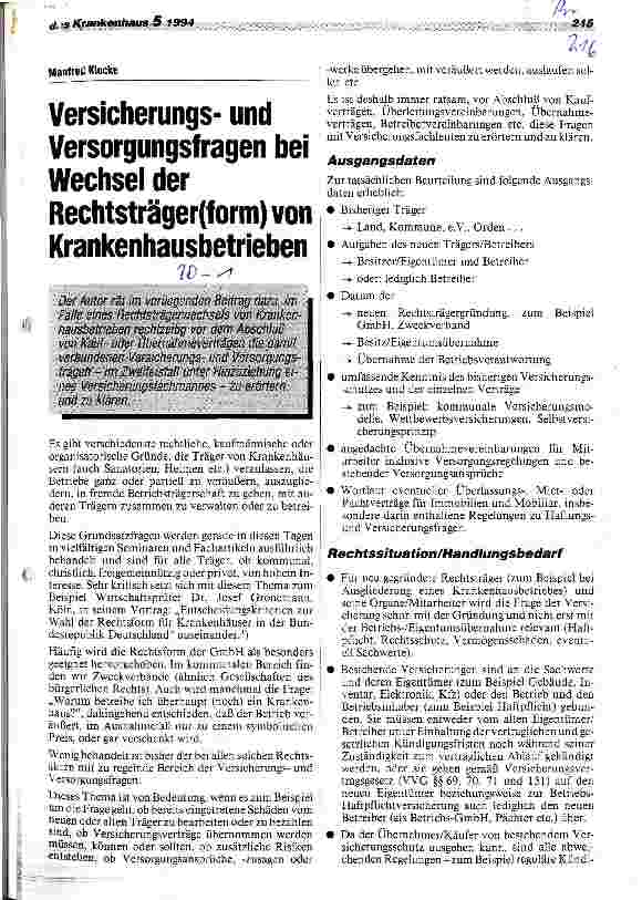 Vorschauseite 1: Versicherungsund Versorgungsfragen bei Wechsel der Rechtsträger- (form) von Krankenhausbetrieben