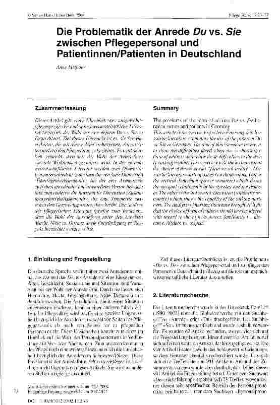 Vorschauseite 1: Die Problematik der Anrede Du vs. Sie zwischen Pflegepersonal und Patientinnen/Patienten in Deutschland