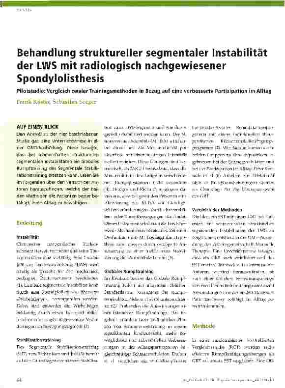 Vorschauseite 1: Behandlung struktureller segmentaler Instabilität der LWS mit radiologisch nachgewiesener Spondylolisthesis