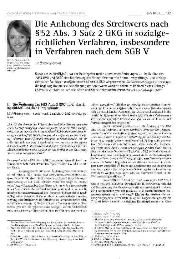 Vorschauseite 1: Die Anhebung des Streitwerts nach § 52 Abs. 3 Satz 2 GKG in sozialgerichtlichen Verfahren, insbesondere in Verfahren nach dem SGB V