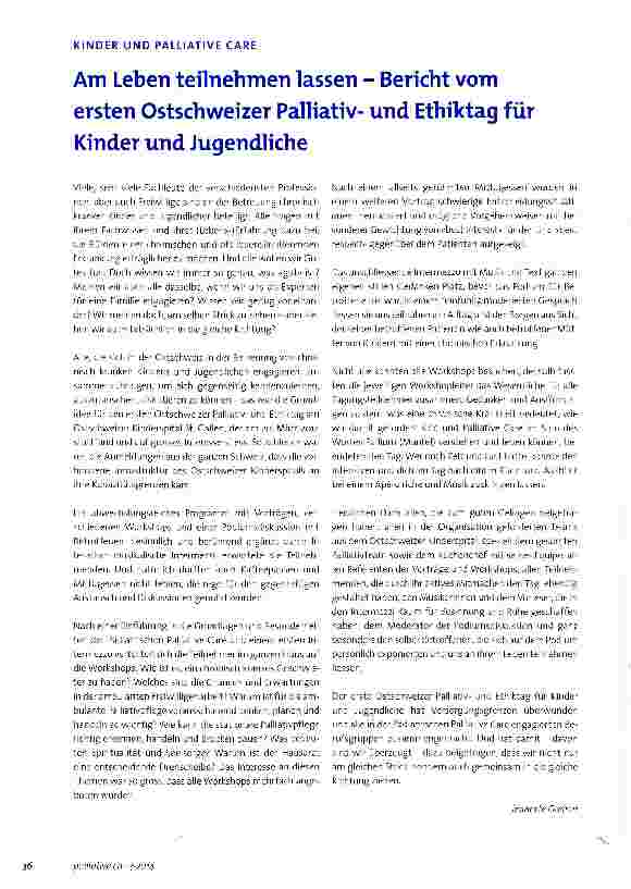 Vorschauseite 1: Am Leben teilnehmen lassen - Bericht vom ersten Ostschweizer Palliativund Ethiktag für Kinder und Jugendliche