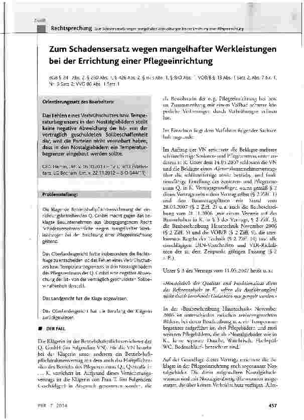Vorschauseite 1: Zum Schadensersatz wegen mangelhafter Werkleistungen bei der Errichtung einer Pflegeeinrichtung
