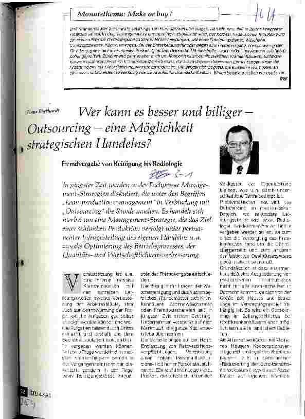 Vorschauseite 1: Wer kann es besser und billiger - Outsourcing - eine Möglichkeit strategischen Handelns? Fremdvergabe von Reinigung und Radiologie
