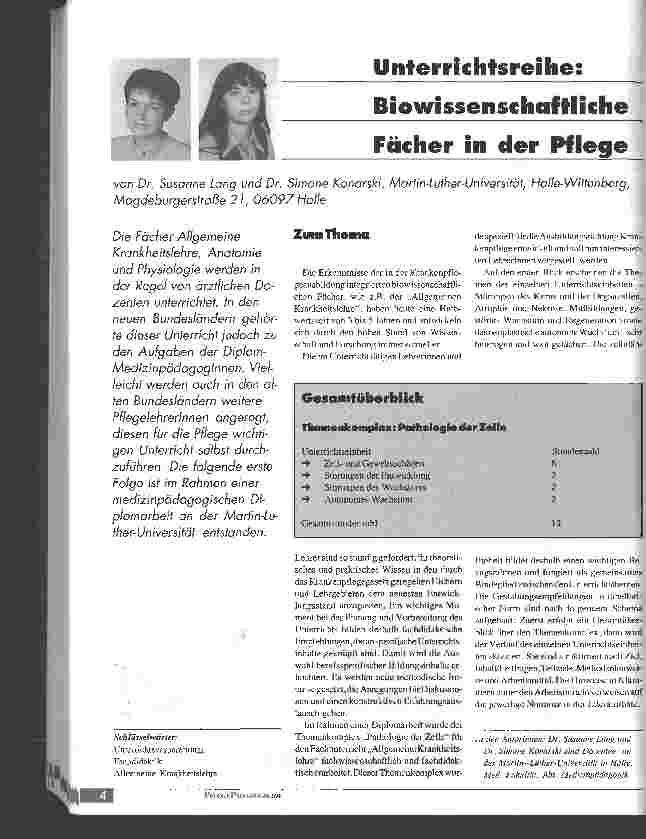 Vorschauseite 1: Unterrichtsreihe: Biowissenschaftliche Fächer in der Pflege