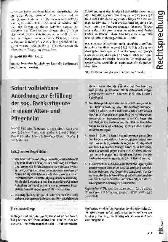 Vorschauseite 1: Sofort vollziehbare Anordnung zur Erfüllung der sog. Fachkraftquote in einem Altenund Pflegeheim