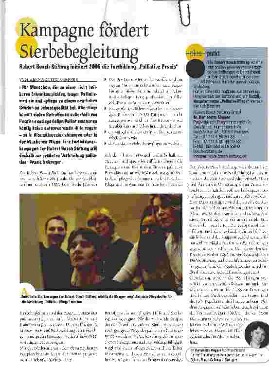 Vorschauseite 1: Kampagne fördert SterbebegleitungRobert Bosch Stiftung initiiert 2005 die Fortbildung Palliative Praxis