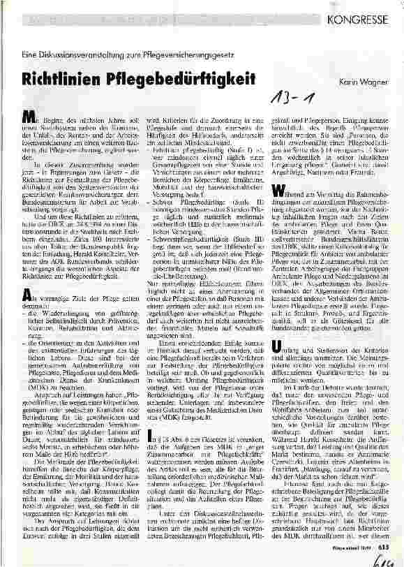Vorschauseite 1: Richtlinien Pflegebedürftigkeit Eine Diskussionsveranstaltung zum Pflegeversicherungsgesetz