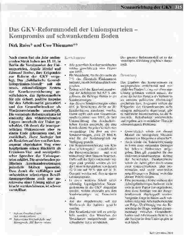 Vorschauseite 1: Das GKV-Reformmodell der Unionsparteien -Kompromiss auf schwankendem Boden