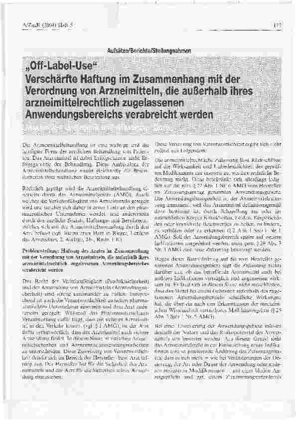 Vorschauseite 1: Off-Label-use Verschärfte Haftung im Zusammenhang mit der Verordnung von Arzneimitteln, die außerhalb ihres arzneimittelrechtlich zugelassenen Anwendungsbereichs verabreicht werden