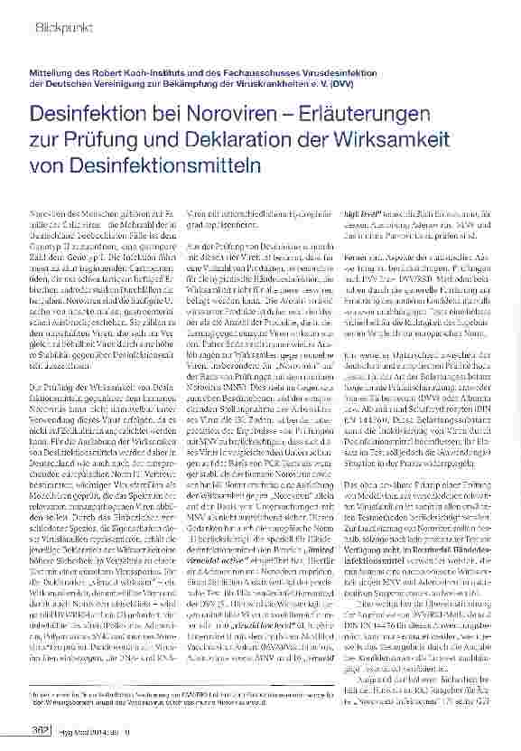 Vorschauseite 1: Desinfektion bei Noroviren - Erläuterungen zur Prüfung und Deklaration der Wirksamkeit von Desinfektionsmitteln