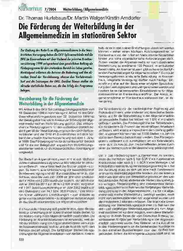 Vorschauseite 1: Die Förderung der Weiterbildung in der Allgemeinmedizin im stationären Sektor