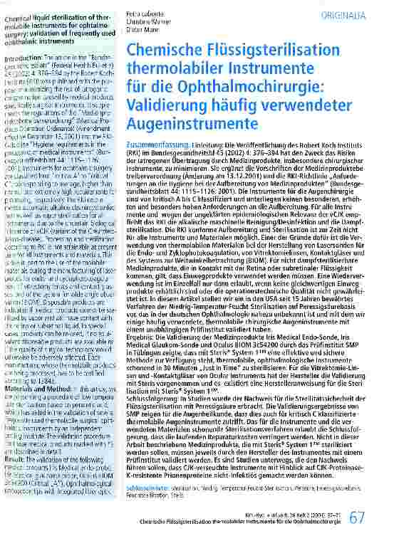 Vorschauseite 1: Chemische Flüssigsterilisation thermolabiler Instrumente für die Ophthalmochierurgie: Validierung häufig verwendeter Augeninstrumente