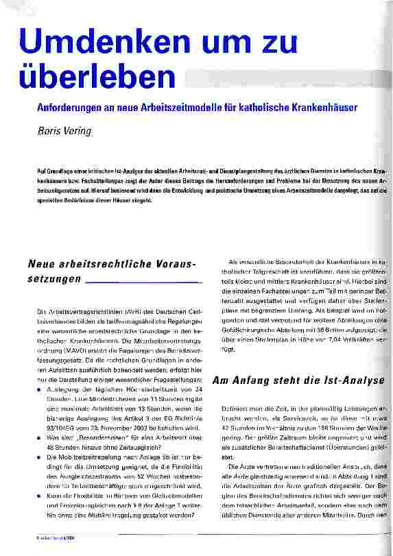 Vorschauseite 1: Umdenken um zu überleben Anforderungen an neue Arbeitszeitmodelle für katholische Krankenhäuser