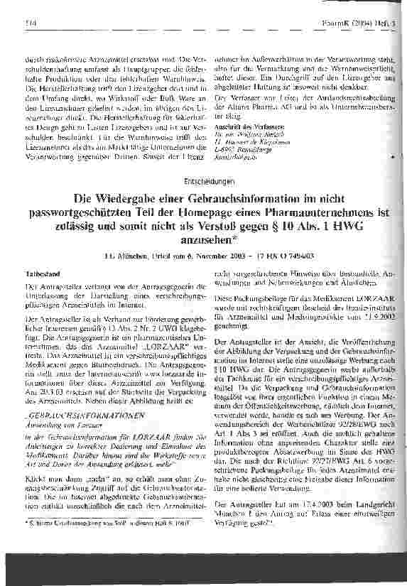 Vorschauseite 1: Die Wiedergabe einer Gebrauchsinformation im nicht passwortgeschützten Teil der Homepage eines Pharmaunternehmens ist zulässig und somit nicht als Verstoß gegen § 10 Abs. 1 HWG an…