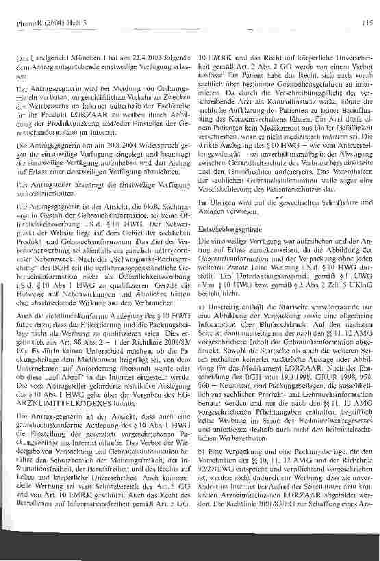 Vorschauseite 2: Die Wiedergabe einer Gebrauchsinformation im nicht passwortgeschützten Teil der Homepage eines Pharmaunternehmens ist zulässig und somit nicht als Verstoß gegen § 10 Abs. 1 HWG an…