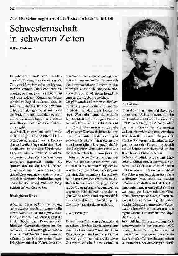 Vorschauseite 1: Schwesternschaft in schweren ZeitenZum 100. Gebunstag von Adelheid Testa: Ein Blick in die DDR