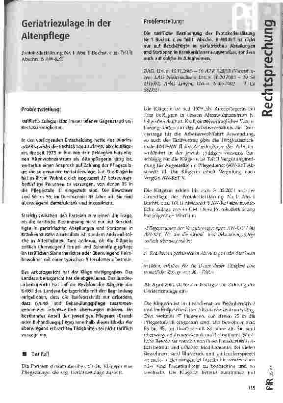 Vorschauseite 1: Geriatriezulage in der Altenpflege BAG, Urteil vom 19.11.2003