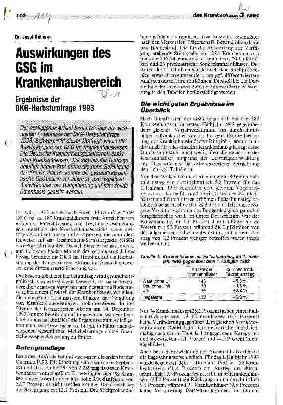 Vorschauseite 1: Auswirkungen des GSG im Krankenhausbereich Ergebnisse der DKG-Herbstumfrage 1993