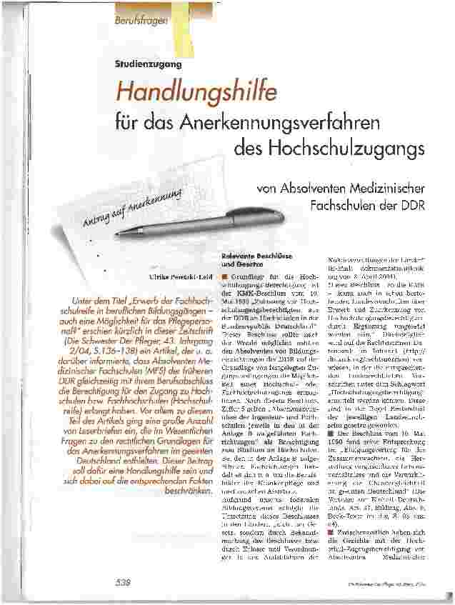 Vorschauseite 1: Handlungshilfe für das Anerkennungsverfahren des Hochschulzugangs von Absolventen Medizinischer Fachschulen der DDR