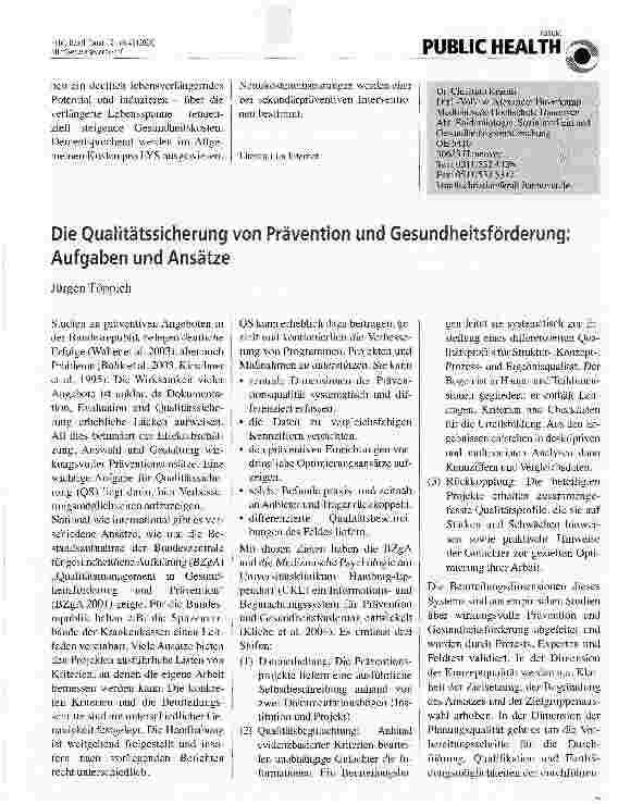 Vorschauseite 1: Die Qualitätssicherung von Prävention und Gesundheitsförderung: Aufgaben und Ansätze