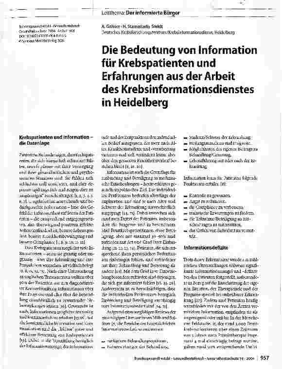 Vorschauseite 1: Die Bedeutung von Information für Krebspatienten und Erfahrungen aus der Arbeit des Krebsinformationsdienstes in Heidelberg