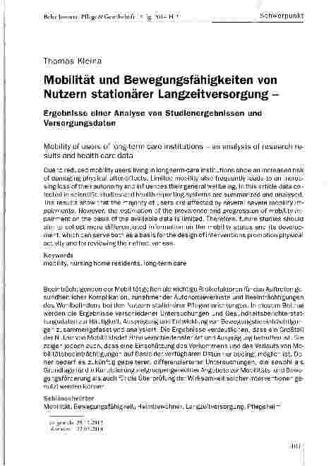 Vorschauseite 1: Mobilität und Bewegungsfähigkeiten von Nutzern stationärer Langzeitversorgung