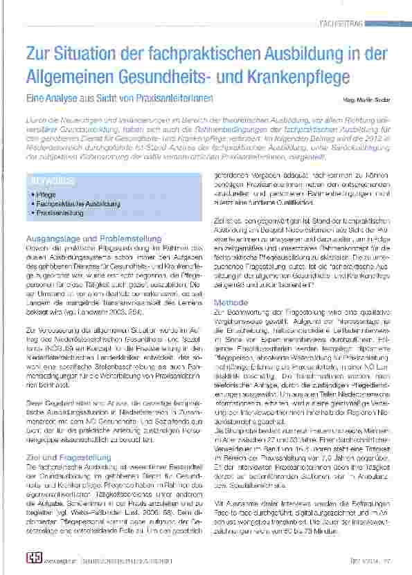 Vorschauseite 1: Zur Situation der fachpraktischen Ausbildung in der Allgemeinen Gesundheitsund Krankenpflege