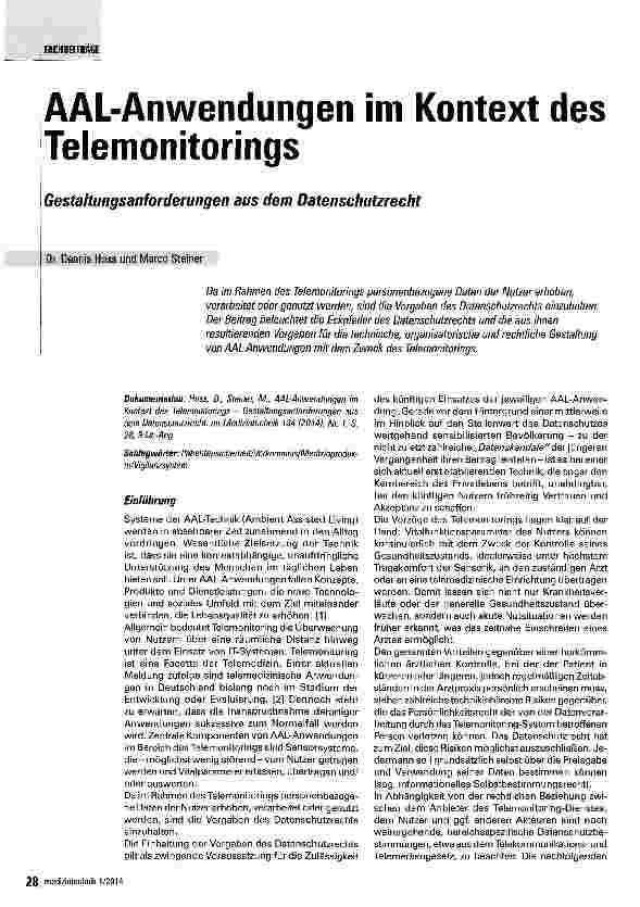 Vorschauseite 1: AAL-Anwendungen im Kontext des Telemonitorings