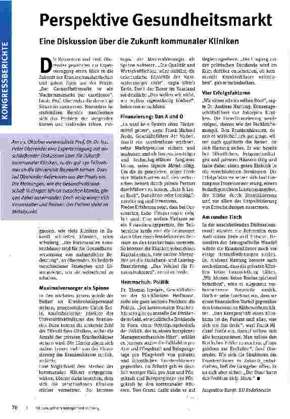 Vorschauseite 1: Perspektive Gesundheitsmarkt Eine Diskussion über die Zukunft kommunaler Kliniken