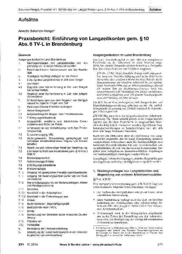 Vorschauseite 1: Praxisbericht: Einführung von Langzeitkonten gem. §10 Abs. 6 TV-L in Brandenburg