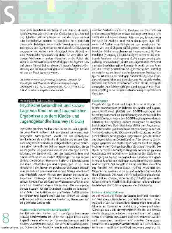 Vorschauseite 1: Psychische Gesundheit und soziale Lage von Kindern und Jugendlichen. Ergebnisse aus dem Kinderund Jugendgesundheitssurvey (KiCGS)
