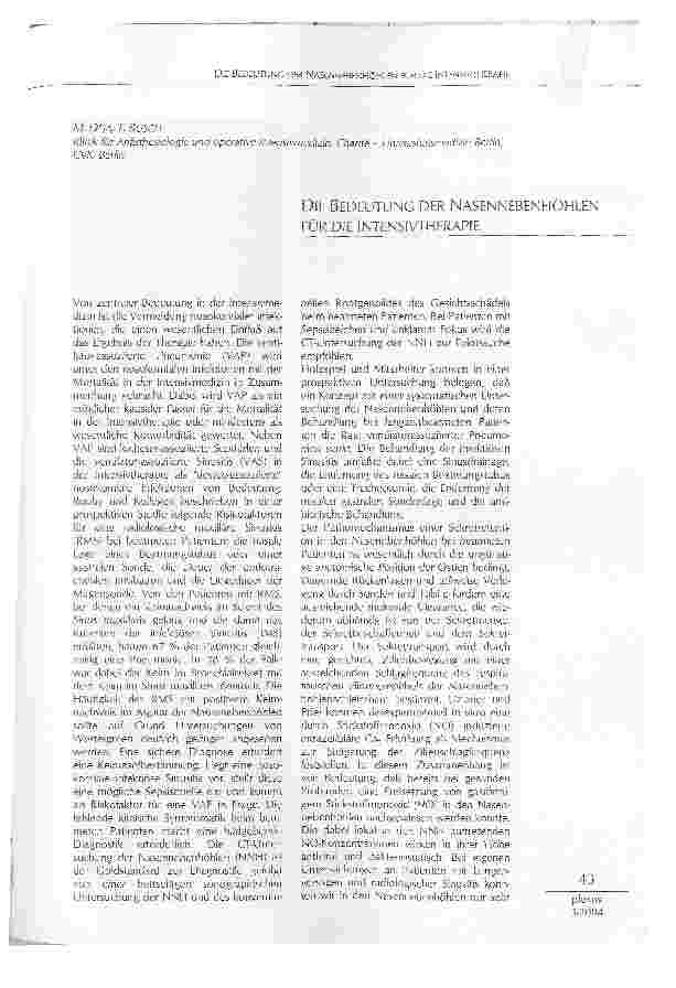 Vorschauseite 1: DIE BEDEUTUNG DER NASENNEBENHÖHLEN FÜR DIE INTENSIVTHERAPIE