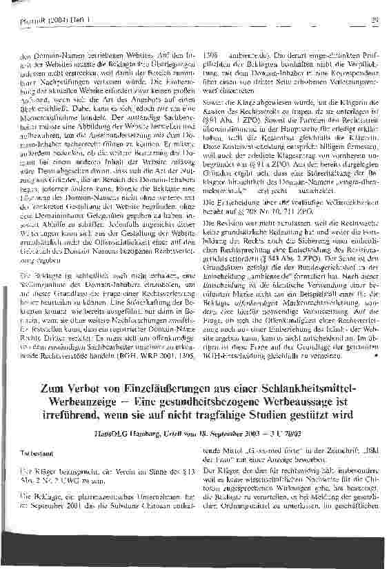 Vorschauseite 1: Zum Verbot von Einzeläußerungen aus einer Schlankheitsmittel-Werbeanzeige - Eine gesundheitsbezogene Werbeaussage ist irreführend, wenn sie auf nicht tragfähige Studien gestützt w…