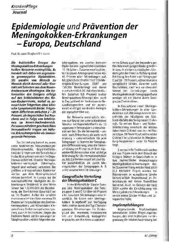 Vorschauseite 1: Epidemiologie und Prävention der Meningokokken-Erkrankungen - Europa, Deutschland