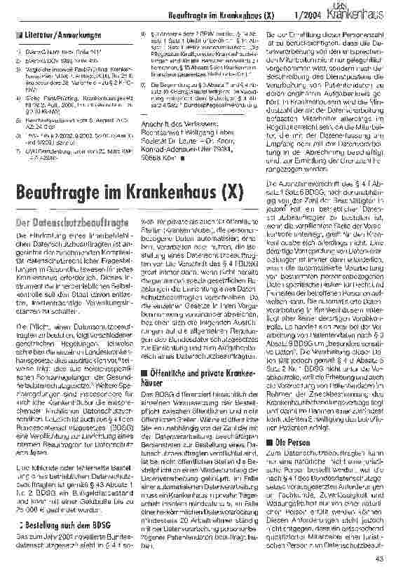 Vorschauseite 1: Beauftragte im Krankenhaus (X) Der Datenschutzbeauftragte