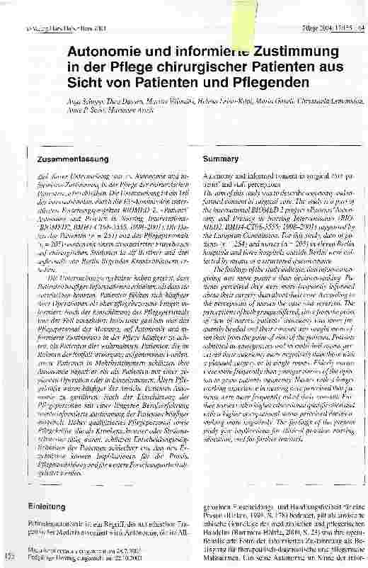 Vorschauseite 1: Autonomie und informierte Zustimmung in der Pflege chirurgischer Patienten aus Sicht von Patienten und Pflegenden