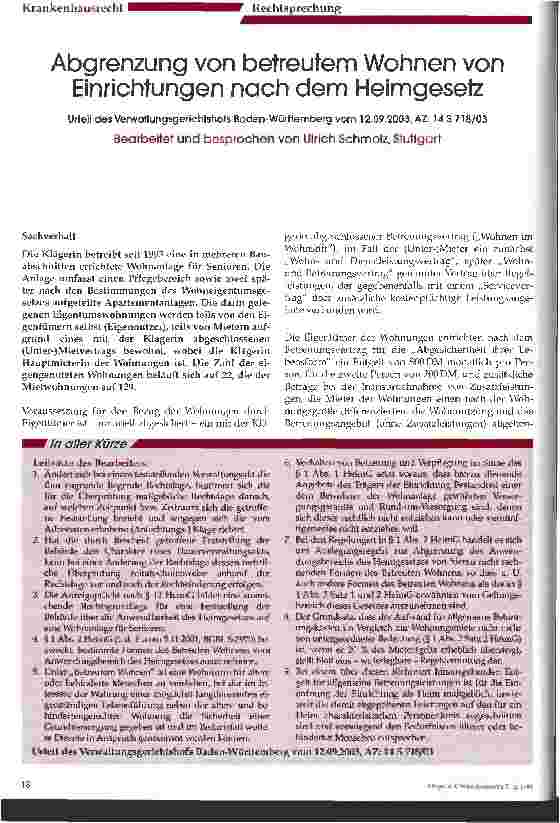 Vorschauseite 1: Abgrenzung von betreutem Wohnen von Einrichtungen nach dem Heimgesetz Urteil des Verwaltungsgerichtshofs Baden-Württemberg vom 12.09.2003