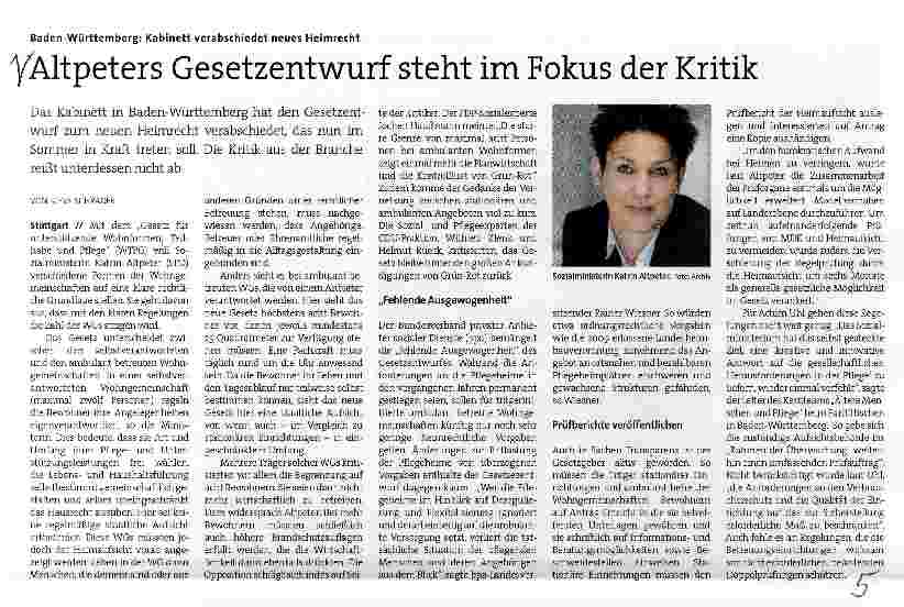 Vorschauseite 1: Altpeters Gesetzentwurf steht im Fokus der Kritik