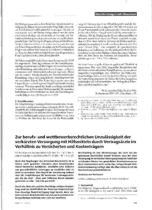 Vorschauseite 1: Zur berufsund wettbewerbsrechtlichen Unzulässigkeit der verkürzten Versorgung mit Hilfsmitteln durch Vertragsärzte im Verhältnis zu Versicherten und Kostenträgern