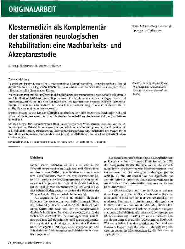 Vorschauseite 1: Klostermedizin als Komplementär der stationären neurologischen Rehabilitation: eine Machbarkeitsund Akzeptanzstudie